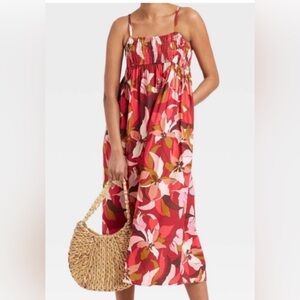 Target Burnt Orange Floral Smocked Midi Dress with pockets, fits L to XL